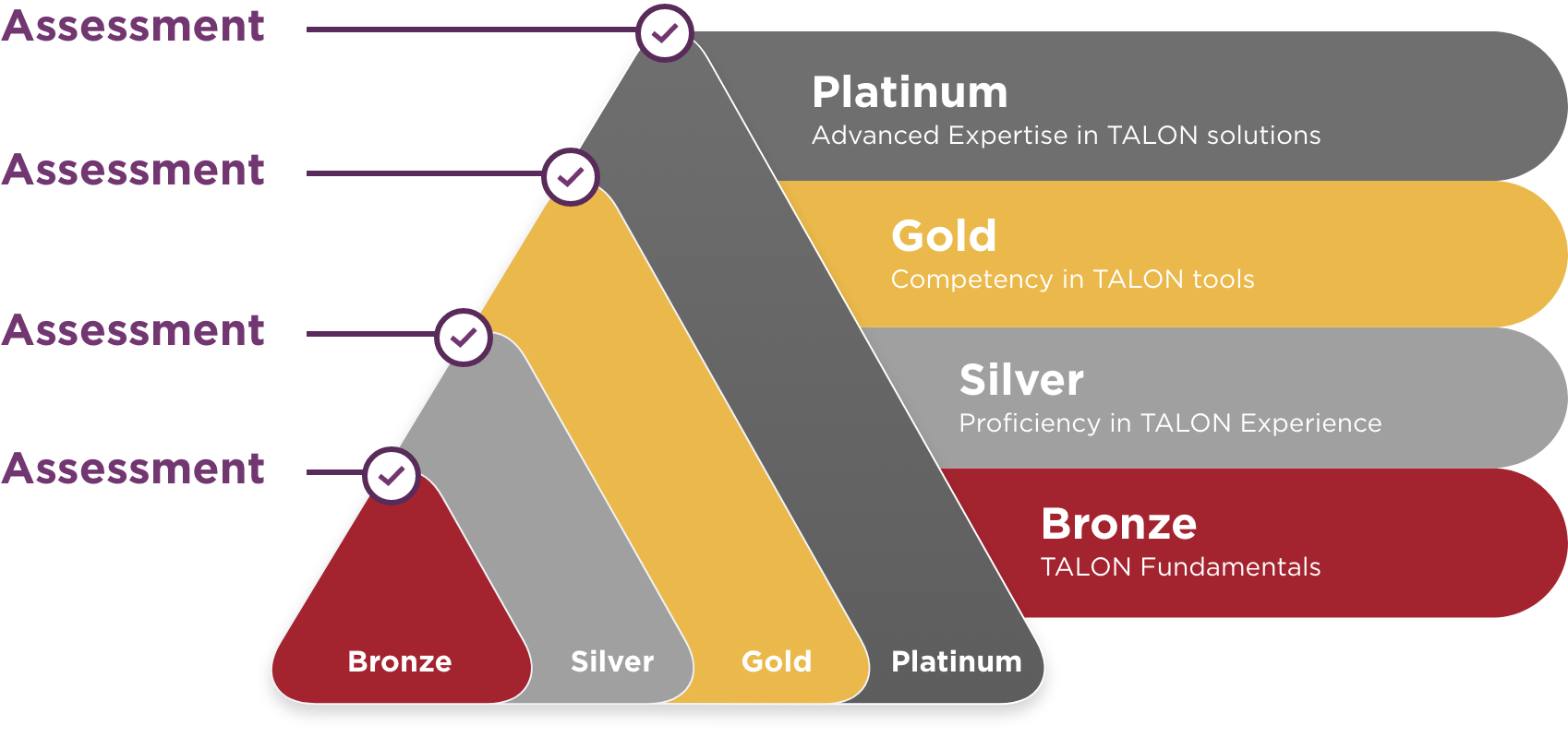 Bronze - Talon Fundamentals, Silver - Proficiency in Talon experience, Gold - Competency in TALON tools, Platinum - Advanced expertise in TALON Solutions